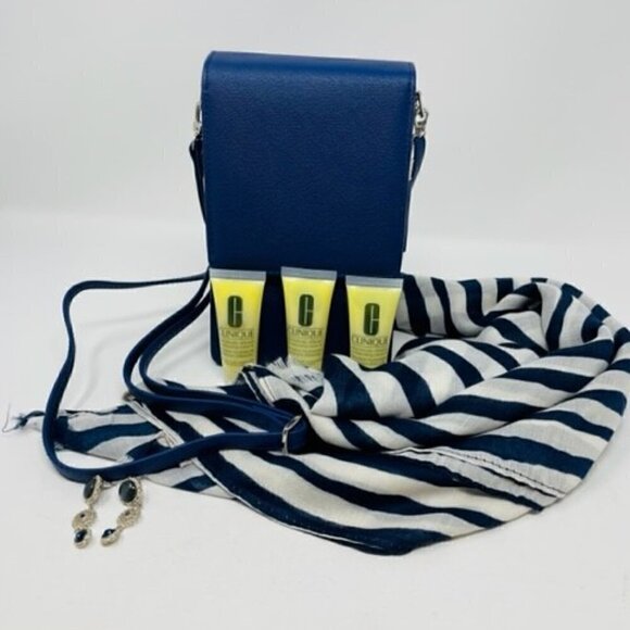 6 pc set-  3 CLINIQUE moisturizer, navy cross body, scarf & earrings- Brand New! - Picture 2 of 3